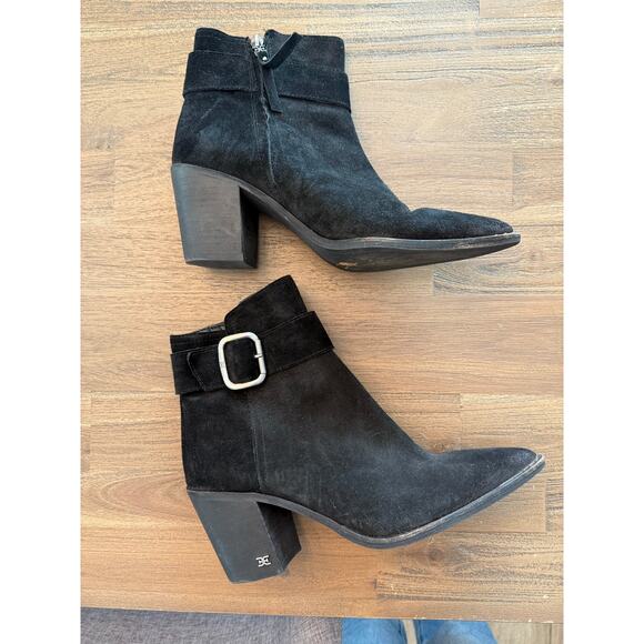 Sam Edelman Black Suede Pointed Toe Booties with Buckle - Picture 3 of 6
